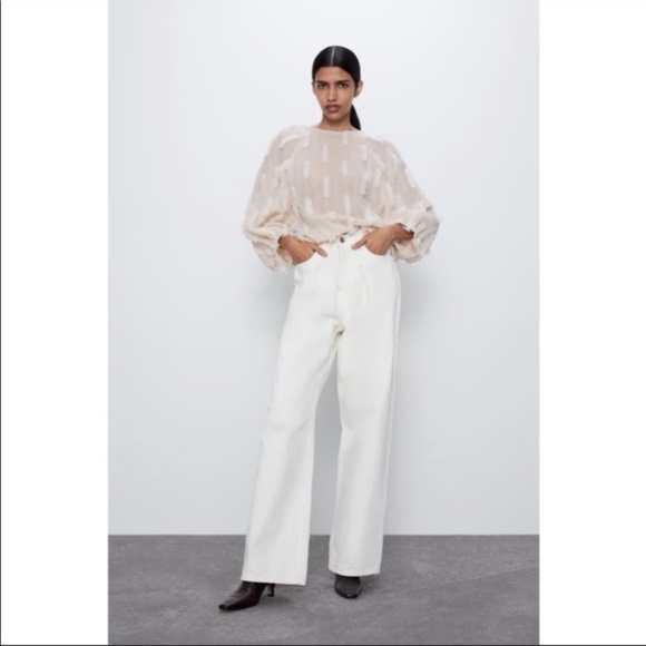 Zara Structured Textured Balloon Sleeve Top Size S in Beige NWOT - Picture 3 of 14